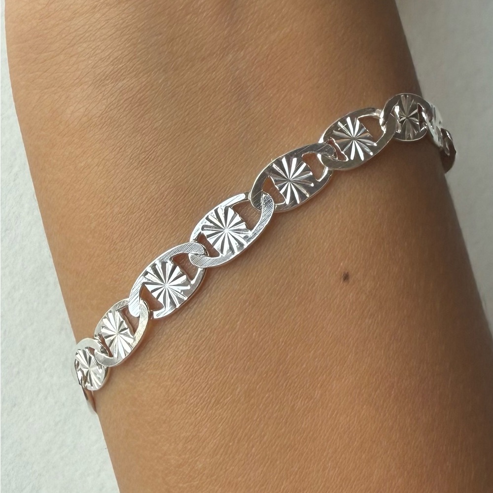 925 Sterling Silver Link Bracelet 🌟 Textured Sunburst Design ✨